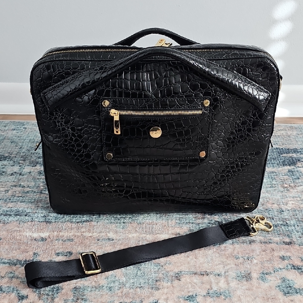 Knomo Black Croc-Embossed Laptop Bag with Gold Accents